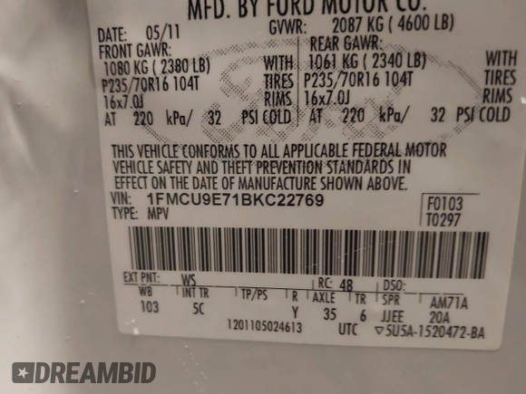 2011 Ford Escape Limited with VIN 1FMCU9E71BKC22769, listed as a IAAI auction lot 41213798 with 302,602 mi miles and . Bid and sale history available at DreamBid. Image 9.