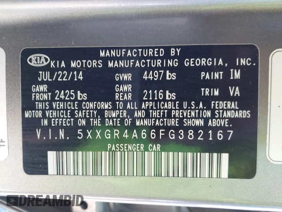 2015 Kia Optima SX Turbo with VIN 5XXGR4A66FG382167, listed as a IAAI auction lot 40951399 with 77,083 mi miles and . Bid and sale history available at DreamBid. Image 9.