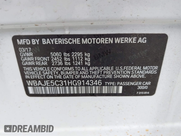 2017 BMW 5 Series 540i with VIN WBAJE5C31HG914346, listed as a IAAI auction lot 41828268 with 96,686 mi miles and . Bid and sale history available at DreamBid. Image 9.