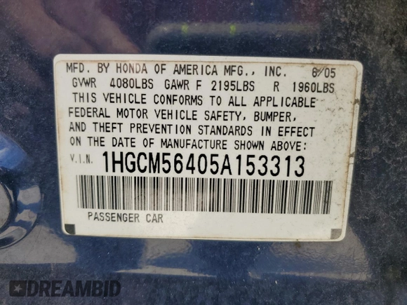 2005 Honda Accord LX with VIN 1HGCM56405A153313, listed as a Copart auction lot 64509175 with 158,674 mi miles and Salvage title. Bid and sale history available at DreamBid. Image 13.