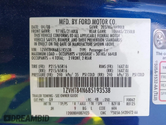 2008 Ford Mustang Deluxe with VIN 1ZVHT84N685193538, listed as a IAAI auction lot 41900065 with 132,208 mi miles and . Bid and sale history available at carsss.com. Image 9.