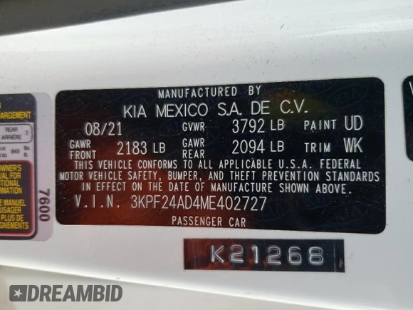 2021 Kia Forte FE with VIN 3KPF24AD4ME402727, listed as a Copart auction lot 58994105 with 89,285 mi miles and Clean title. Bid and sale history available at DreamBid. Image 13.