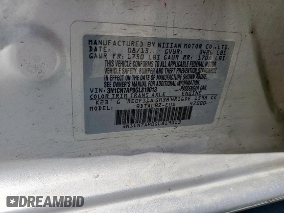 2016 Nissan Versa S with VIN 3N1CN7AP0GL819013, listed as a Copart auction lot 60216245 with 157,300 mi miles and Salvage title. Bid and sale history available at DreamBid. Image 12.