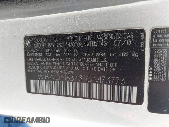 2001 BMW 5 Series 540i with VIN WBADN63431GM73773, listed as a IAAI auction lot 42200073 with 143,843 mi miles and . Bid and sale history available at DreamBid. Image 9.