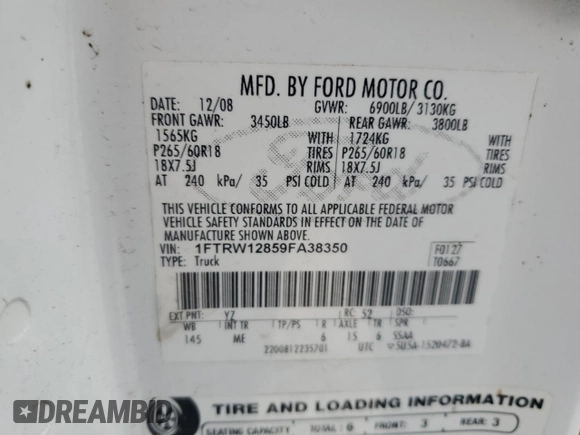 2009 Ford F-150 XL with VIN 1FTRW12859FA38350, listed as a Copart auction lot 44960265 with 145,502 mi miles and Salvage Title. Bid and sale history available at carsss.com. Image 14.