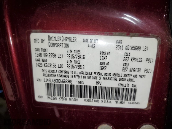 2002 Jeep Liberty Limited with VIN 1J4GL58K62W358660, listed as a Copart auction lot 61719985 with 195,873 mi miles and Salvage title. Bid and sale history available at DreamBid. Image 13.