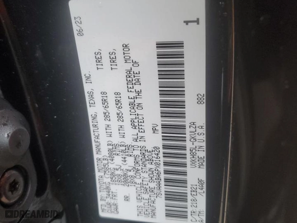2023 Toyota Sequoia SR5 with VIN 7SVAAABA6PX016420, listed as a Copart auction lot 43165905 with 0 mi miles and Salvage Title. Bid and sale history available at carsss.com. Image 13.