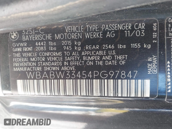 2004 BMW 3 Series 325Ci with VIN WBABW33454PG97847, listed as a IAAI auction lot 41903694 with 127,612 mi miles. Bid and sale history available at carsss.com. Image 9.