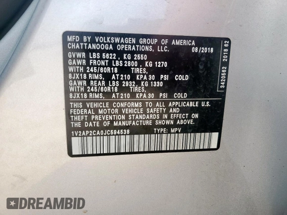2018 Volkswagen Atlas S с VIN 1V2AP2CA0JC594538, выставлен на аукционе Copart как лот 63943215 с пробегом 133 909 миль миль и Списание • Salvage title. История ставок и продаж доступна на DreamBid. Изображение 13.