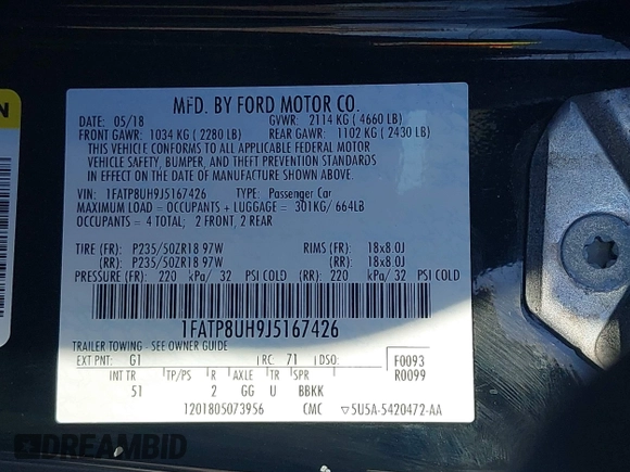 2018 Ford Mustang EcoBoost Premium with VIN 1FATP8UH9J5167426, listed as a IAAI auction lot 42207821 with 19,980 mi miles and . Bid and sale history available at DreamBid. Image 9.