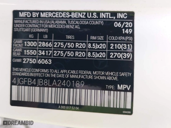 2020 Mercedes-Benz GLE with VIN 4JGFB4JB8LA240189, listed as a IAAI auction lot 41727577 with 51,533 mi miles. Bid and sale history available at carsss.com. Image 9.