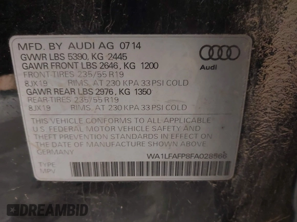 2015 Audi Q5 Premium Plus with VIN WA1LFAFP8FA028566, listed as a IAAI auction lot 42349142 with 155,938 mi miles and . Bid and sale history available at DreamBid. Image 9.