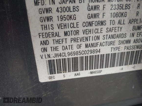 2005 Acura TSX с VIN JH4CL96985C029894, выставлен на аукционе IAAI как лот 42252964 с пробегом 227 089 миль миль и . История ставок и продаж доступна на DreamBid. Изображение 9.