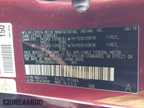 2016 Toyota Sienna Limited with VIN 5TDDK3DC8GS143643, listed as a IAAI auction lot 42445432 with 131,069 mi miles and . Bid and sale history available at DreamBid. Image 9.