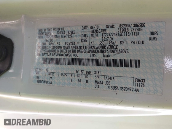 2010 Ford Econoline Cargo Commercial with VIN 1FTNE1EW4ADA90760, listed as a IAAI auction lot 41809385 with 187,114 mi miles. Bid and sale history available at carsss.com. Image 8.