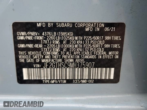 2021 Subaru Crosstrek Special Sports with VIN JF2GTHSC9MH375907, listed as a Copart auction lot 60216465 with 205,036 mi miles and Salvage title. Bid and sale history available at DreamBid. Image 13.