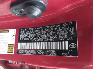2017 Toyota Prius Two with VIN JTDKARFU3H3539680, listed as a IAAI auction lot 41895755 with 56,961 mi miles. Bid and sale history available at carsss.com. Image 9.