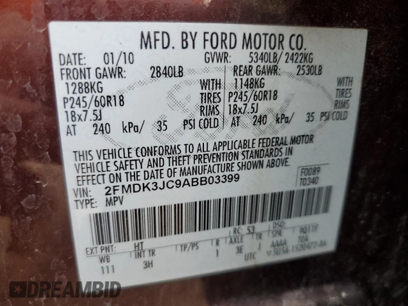 2010 Ford Edge SEL with VIN 2FMDK3JC9ABB03399, listed as a Copart auction lot 53851325 with 161,373 mi miles and Clean Title. Bid and sale history available at carsss.com. Image 14.