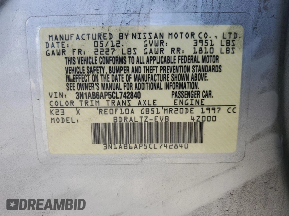 2012 Nissan Sentra S with VIN 3N1AB6AP5CL742840, listed as a Copart auction lot 51659185 with 130,430 mi miles and Salvage title. Bid and sale history available at DreamBid. Image 12.