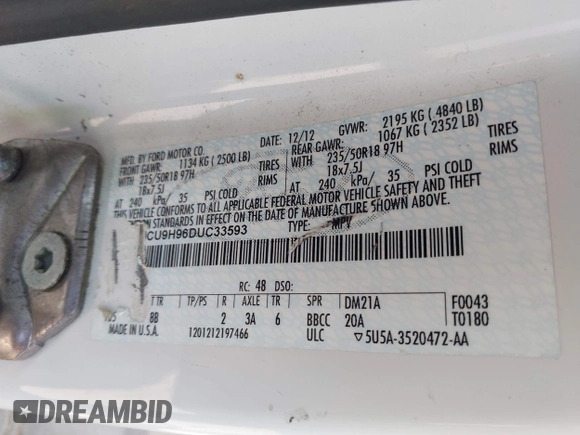 2013 Ford Escape SEL with VIN 1FMCU9H96DUC33593, listed as a IAAI auction lot 42328069 with 159,154 mi miles and . Bid and sale history available at DreamBid. Image 9.