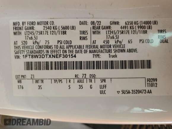 2022 Ford F-350 XL with VIN 1FT8W3DTXNEF30154, listed as a Copart auction lot 53496605 with 68,865 mi miles and Salvage Title. Bid and sale history available at DreamBid. Image 12.
