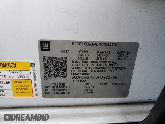 2017 Buick Enclave Leather with VIN 5GAKRBKD5HJ331755, listed as a Copart auction lot 50793895 with 59,695 mi miles and Salvage Title. Bid and sale history available at DreamBid. Image 13.