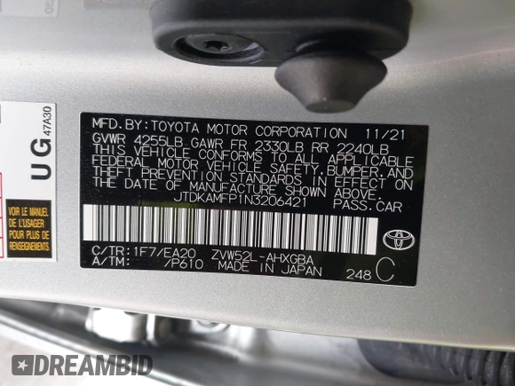 2022 Toyota Prius LE with VIN JTDKAMFP1N3206421, listed as a IAAI auction lot 41387968 with 41,700 mi miles and . Bid and sale history available at DreamBid. Image 9.