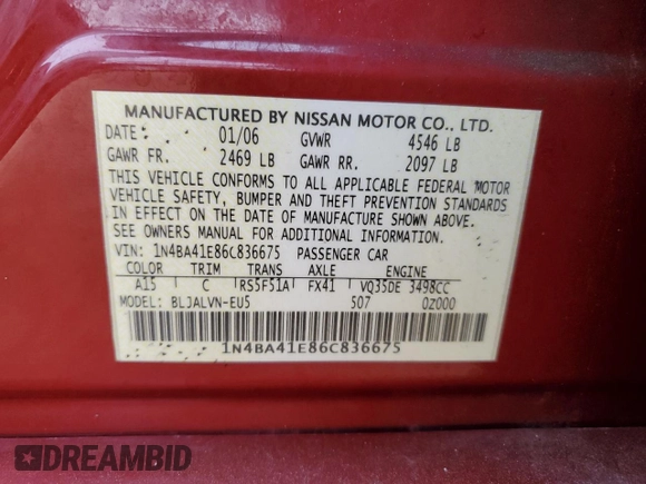 2006 Nissan Maxima 3.5 SL with VIN 1N4BA41E86C836675, listed as a Copart auction lot 42836255 with 133,878 mi miles and Salvage Title. Bid and sale history available at carsss.com. Image 14.