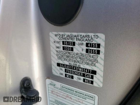 2003 Jaguar S-Type with VIN SAJEA01T43FM62477, listed as a Copart auction lot 52693085 with 109,761 mi miles and Salvage Title. Bid and sale history available at DreamBid. Image 12.