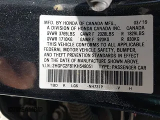 2019 Honda Civic Sedan Sport with VIN 2HGFC2F81KH548051, listed as a IAAI auction lot 41644496 with 118,508 mi miles. Bid and sale history available at carsss.com. Image 9.