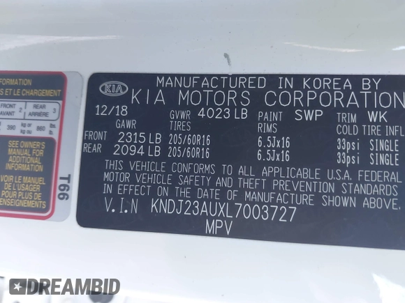2020 Kia Soul S with VIN KNDJ23AUXL7003727, listed as a IAAI auction lot 41985634 with 69,457 mi miles and . Bid and sale history available at DreamBid. Image 9.