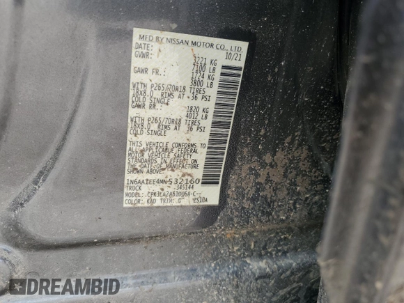 2021 Nissan Titan S z VIN 1N6AA1EE4MN532160, wystawiony jako Copart lot #53184365 z przebiegiem 52 275 mil mil oraz Szkoda całkowita • Salvage title. Historia ofert i sprzedaży dostępna na DreamBid. Obrazek 14.