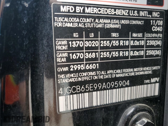 2009 Mercedes-Benz R 3.5L with VIN 4JGCB65E99A095904, listed as a Copart auction lot 54582555 with 212,274 mi miles and Salvage Title. Bid and sale history available at DreamBid. Image 13.