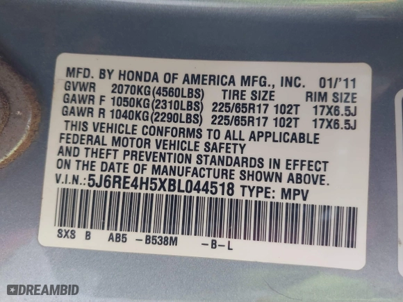 2011 Honda CR-V EX with VIN 5J6RE4H5XBL044518, listed as a IAAI auction lot 41827838 with 1 mi miles. Bid and sale history available at carsss.com. Image 9.