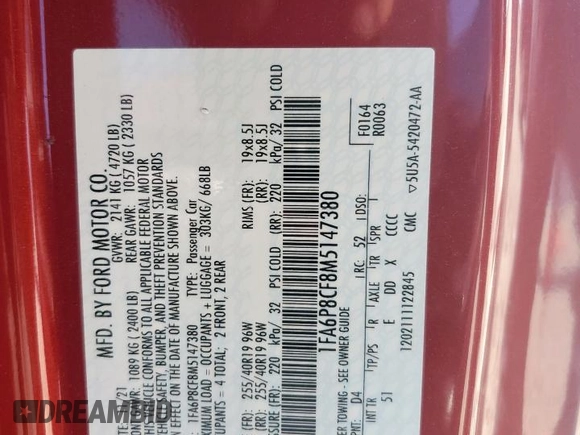 2021 Ford Mustang GT with VIN 1FA6P8CF8M5147380, listed as a Copart auction lot 60081655 with Not provided miles and Salvage title. Bid and sale history available at DreamBid. Image 12.