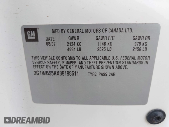 2008 Chevrolet Impala LS with VIN 2G1WB55KX89198611, listed as a IAAI auction lot 41882505 with 212,782 mi miles and . Bid and sale history available at DreamBid. Image 9.