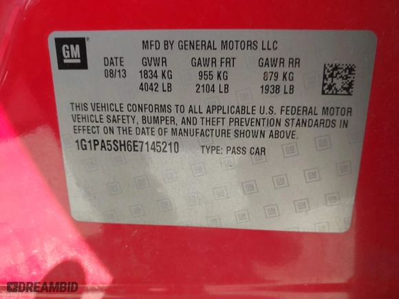 2014 Chevrolet Cruze LS with VIN 1G1PA5SH6E7145210, listed as a IAAI auction lot 41899971 with 157,847 mi miles. Bid and sale history available at carsss.com. Image 9.