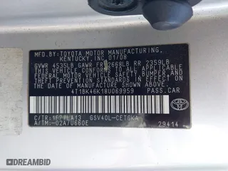 2008 Toyota Camry LE with VIN 4T1BK46K18U069959, listed as a IAAI auction lot 41690512 with 255,137 mi miles. Bid and sale history available at carsss.com. Image 9.