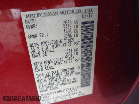 2017 Nissan Frontier SV with VIN 1N6AD0EV3HN770329, listed as a IAAI auction lot 41409420 with 30,448 mi miles and . Bid and sale history available at DreamBid. Image 9.