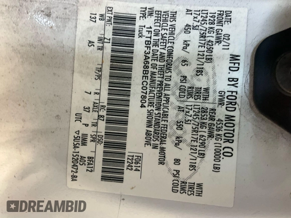 2011 Ford F-350 XL with VIN 1FTBF3A68BEC07804, listed as a IAAI auction lot 42621182 with 199,734 mi miles and . Bid and sale history available at DreamBid. Image 19.