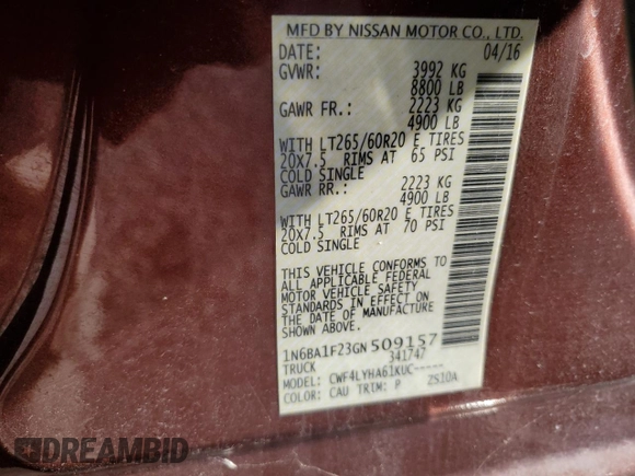 2016 Nissan Titan Platinum Reserve z VIN 1N6BA1F23GN509157, wystawiony jako Copart lot #50180435 z przebiegiem 135 035 mil mil oraz Czysty tytuł • Clean title. Historia ofert i sprzedaży dostępna na DreamBid. Obrazek 12.