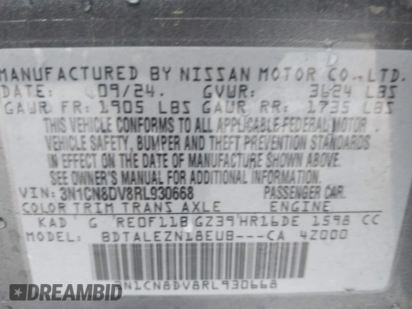 2024 Nissan Versa S with VIN 3N1CN8DV8RL930668, listed as a IAAI auction lot 42211966 with 12,165 mi miles and . Bid and sale history available at carsss.com. Image 9.