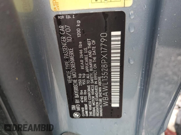 2008 BMW 3 Series 328i with VIN WBAWL13528PX17790, listed as a Copart auction lot 61657695 with 138,674 mi miles and Salvage title. Bid and sale history available at DreamBid. Image 12.