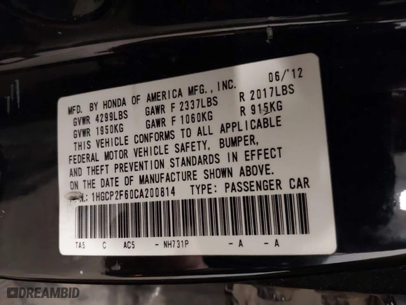 2012 Honda Accord Sdn SE with VIN 1HGCP2F60CA200814, listed as a IAAI auction lot 41629004 with 130477 miles. Bid and sale history available at carsss.com. Image 9.