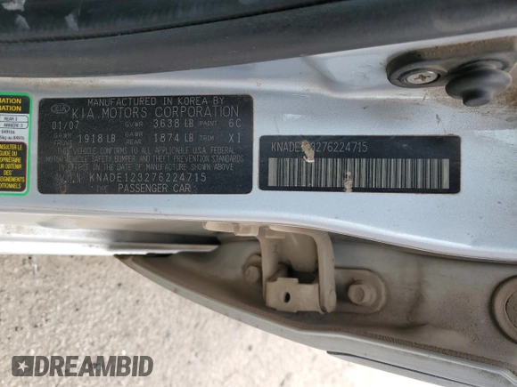 2007 Kia Rio LX with VIN KNADE123276224715, listed as a Copart auction lot 43191905 with 0 mi miles and Salvage Title. Bid and sale history available at carsss.com. Image 14.