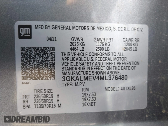 2021 GMC Terrain SLE z VIN 3GKALMEV4ML376480, wystawiony jako IAAI lot #42219837 z przebiegiem 61 595 mil mil oraz . Historia ofert i sprzedaży dostępna na DreamBid. Obrazek 9.