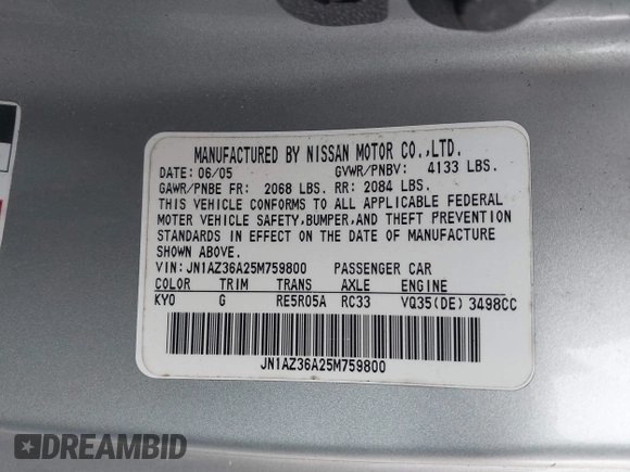 2005 Nissan 350Z Touring z VIN JN1AZ36A25M759800, wystawiony jako IAAI lot #42327063 z przebiegiem 100 940 mil mil oraz . Historia ofert i sprzedaży dostępna na DreamBid. Obrazek 9.