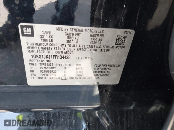 2015 GMC Yukon XL Denali with VIN 1GKS1JKJ1FR134428, listed as a IAAI auction lot 42149588 with 116,207 mi miles. Bid and sale history available at carsss.com. Image 9.