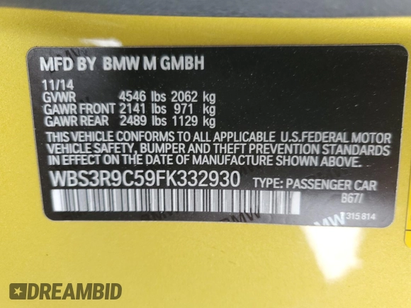 2015 BMW M4 with VIN WBS3R9C59FK332930, listed as a Copart auction lot 51443045 with 0 mi miles and Salvage Title. Bid and sale history available at carsss.com. Image 12.