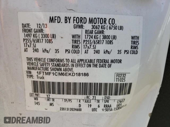 2014 Ford F-150 XL with VIN 1FTMF1CM6EKD18186, listed as a Copart auction lot 61615745 with Not provided miles and Salvage title. Bid and sale history available at DreamBid. Image 12.